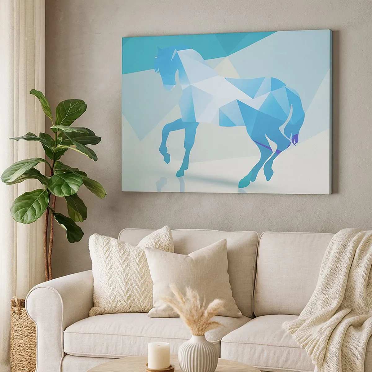 Quadro su tela - Stampe su Tela - Silhouette geometrica di un cavallo nei toni del blu - 70x50cm - Cavallo geometrico nel turchese - Decorazione murale moderna per soggiorno e camera da letto ARTTOR