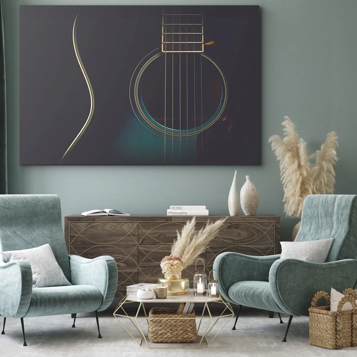 Quadro su tela - Stampe su Tela - Chitarra acustica in una luce scura ed elegante - 70x50cm - L'attimo prima del suono - Decorazione murale moderna per soggiorno e camera da letto ARTTOR