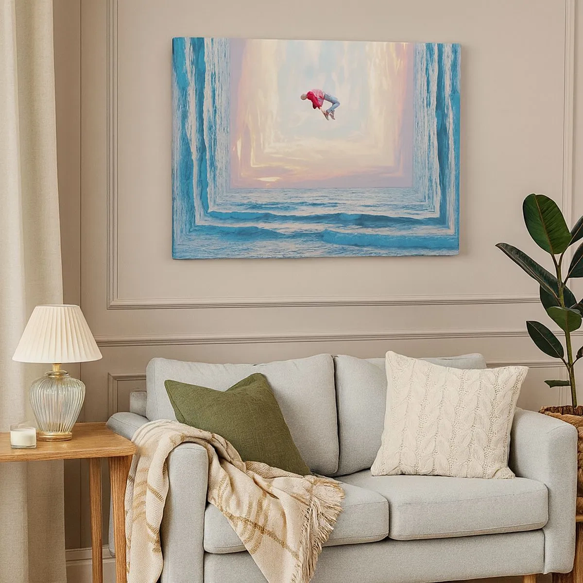 Quadro su tela - Stampe su Tela - Salto surreale sul mare nella cornice - 70x50cm - In un'altra dimensione - Decorazione murale moderna per soggiorno e camera da letto ARTTOR