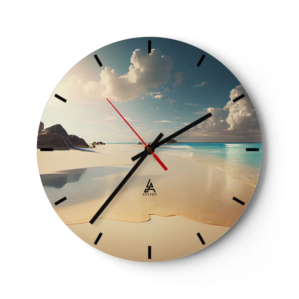 Orologio da parete - Orologio in Vetro - Spiaggia tropicale con sabbia bianca e acqua turchese - 30x30cm - Giornata ideale - Decorazione murale moderna per soggiorno, cucina e camera da letto ARTTOR
