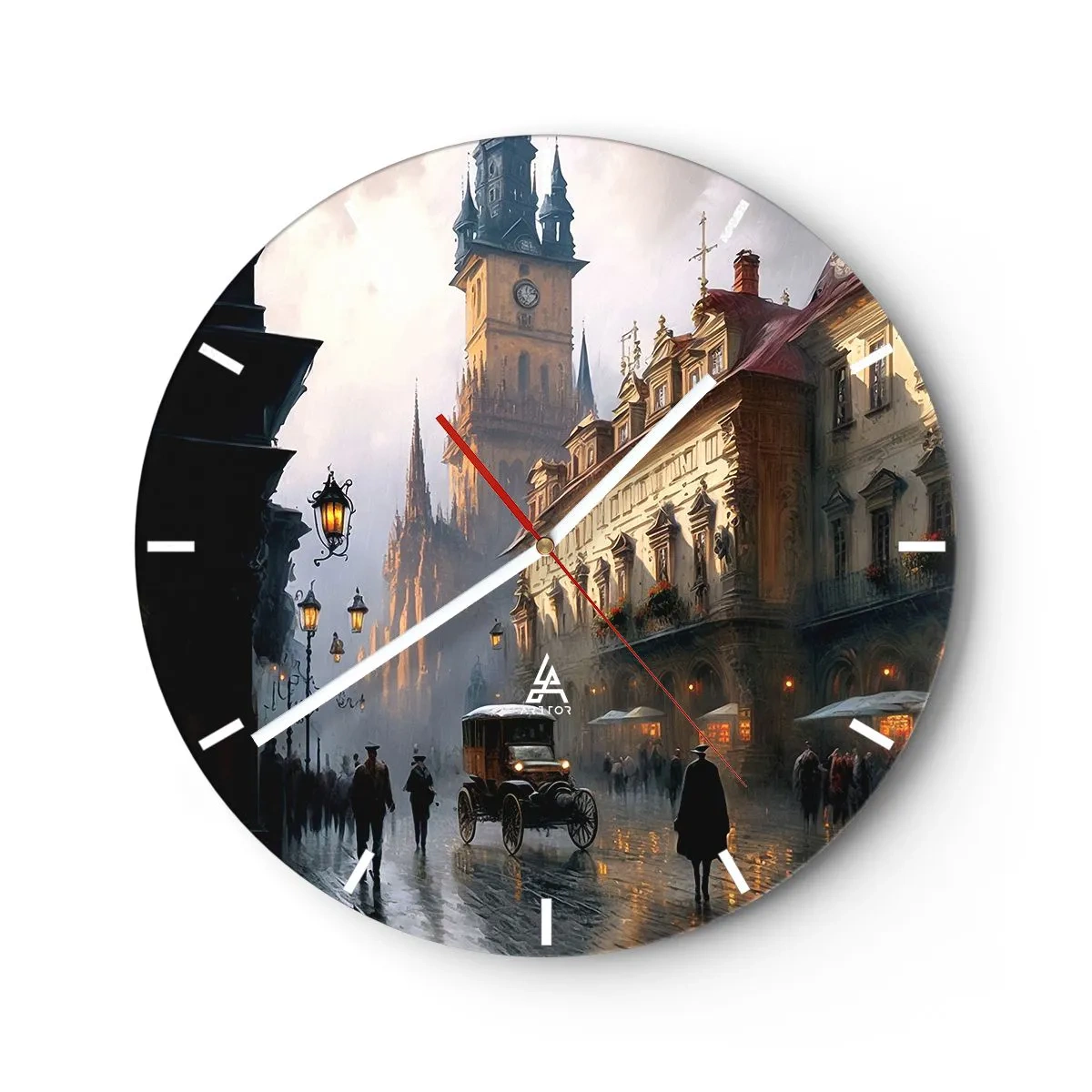 Orologio da parete - Orologio in Vetro - Passeggiata serale nel centro storico della città - 30x30cm - Il fascino delle sere di Praga - Decorazione murale moderna per soggiorno, cucina e camera da letto ARTTOR