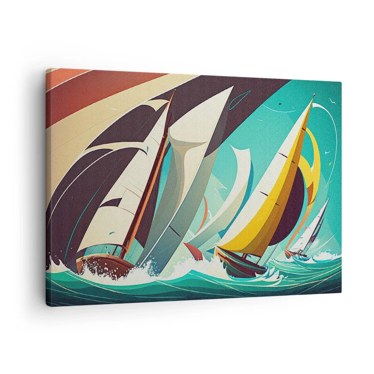 Quadro su tela - Stampe su Tela - Un'illustrazione dinamica di barche a vela in un mare in tempesta. - 70x50cm - Compagne degli elementi - Decorazione murale moderna per soggiorno e camera da letto ARTTOR