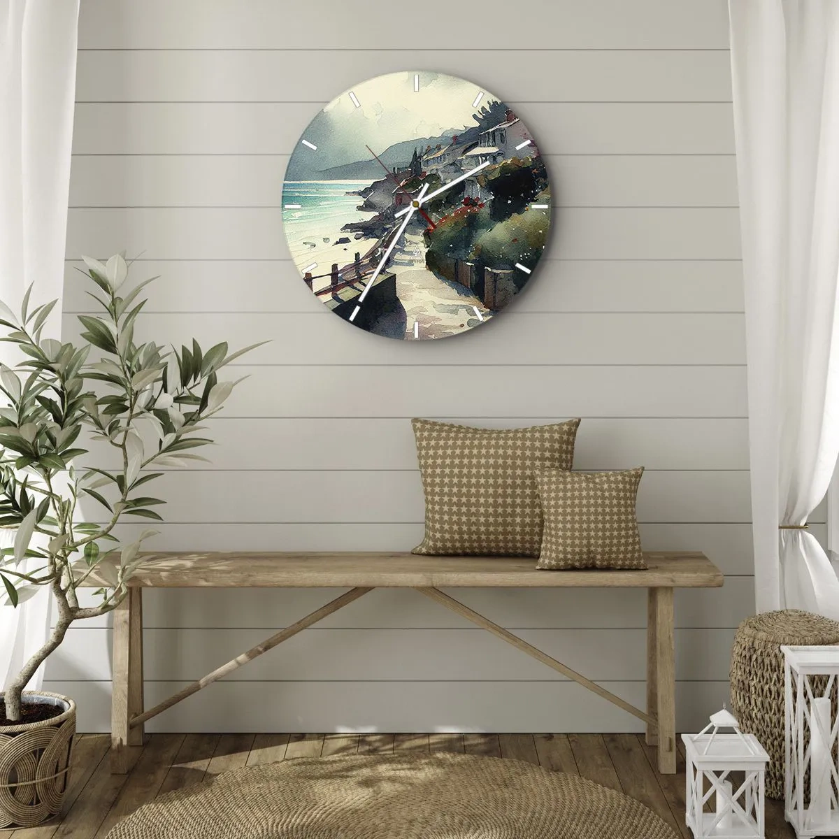 Orologio da parete - Orologio in Vetro - Un sentiero costiero che attraversa edifici mediterranei con vista sul mare - 30x30cm - Cittadina mediterranea - Decorazione murale moderna per soggiorno, cucina e camera da letto ARTTOR