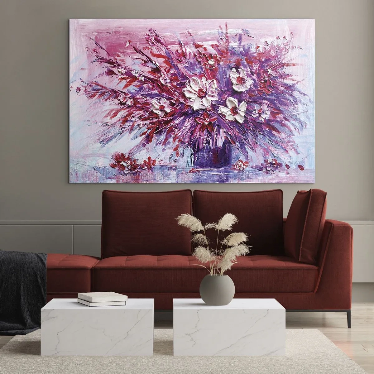 Quadro su vetro - Un mazzo di fiori nei toni del rosa e del viola - 70x50cm - Innocenza e passione - Decorazione murale moderna per soggiorno e camera da letto ARTTOR