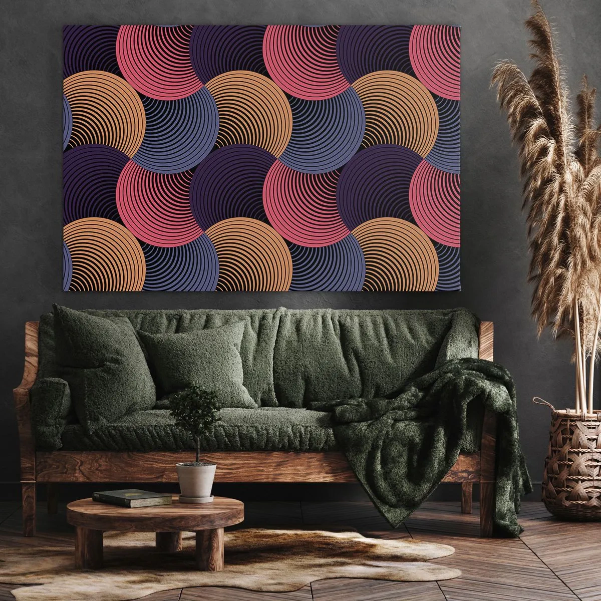 Quadro su tela - Stampe su Tela - Cerchi geometrici nelle tonalità del rosa, viola e oro - 70x50cm - Al ritmo delle sfere - Decorazione murale moderna per soggiorno e camera da letto ARTTOR