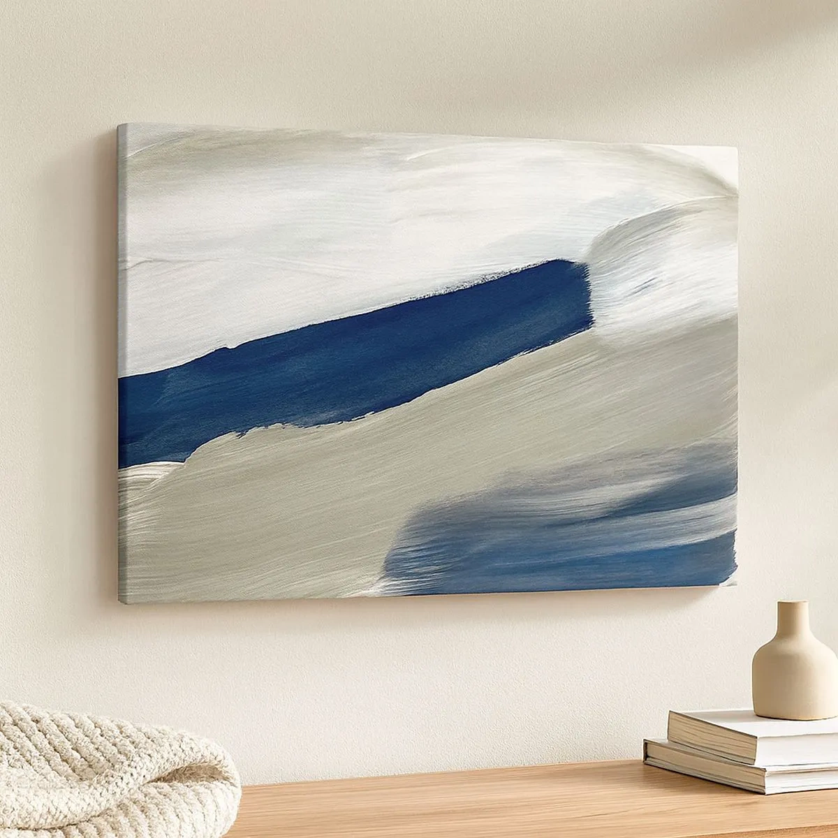 Quadro su tela - Stampe su Tela - Pennellate astratte in tonalità di blu e grigio - 70x50cm - Incontro con il bianco - Decorazione murale moderna per soggiorno e camera da letto ARTTOR