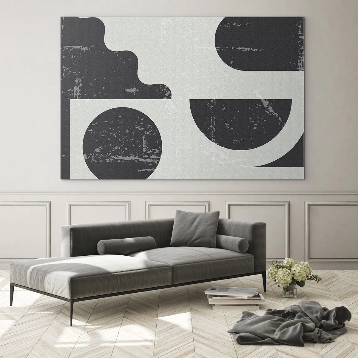 Quadro su vetro - Grafica geometrica astratta con abrasioni - 70x50cm - Composizione sopra e sotto - Decorazione murale moderna per soggiorno e camera da letto ARTTOR