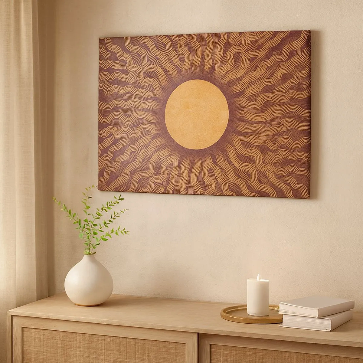 Quadro su tela - Stampe su Tela - Motivo soleggiato con raggi su uno sfondo nei toni del marrone - 70x50cm - L'icona del sole - Decorazione murale moderna per soggiorno e camera da letto ARTTOR