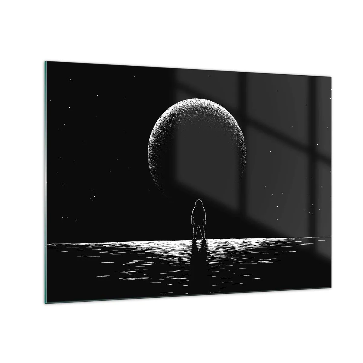 Quadro su vetro - Astronauta in piedi davanti a un pianeta in bianco e nero - 70x50cm - Faccia a faccia - Decorazione murale moderna per soggiorno e camera da letto ARTTOR