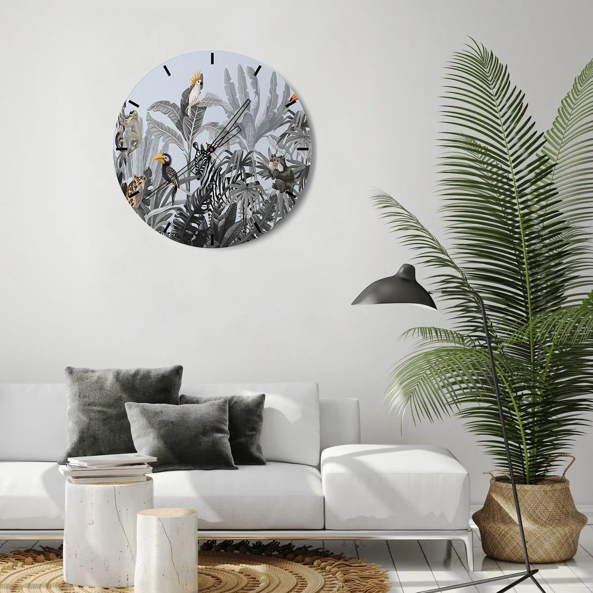Orologio da parete - Orologio in Vetro - Piante tropicali con animali esotici su uno sfondo di giungla - 30x30cm - Favola africana - Decorazione murale moderna per soggiorno, cucina e camera da letto ARTTOR