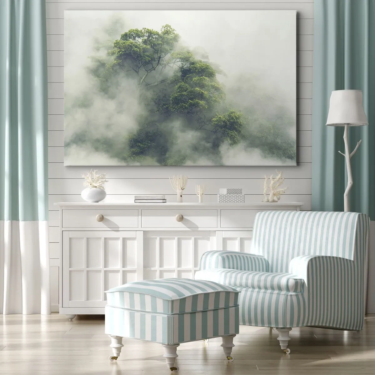 Quadro su tela - Stampe su Tela - Alberi verdi nella fitta nebbia contro uno sfondo naturale - 70x50cm - Avvolti dalla nebbia - Decorazione murale moderna per soggiorno e camera da letto ARTTOR