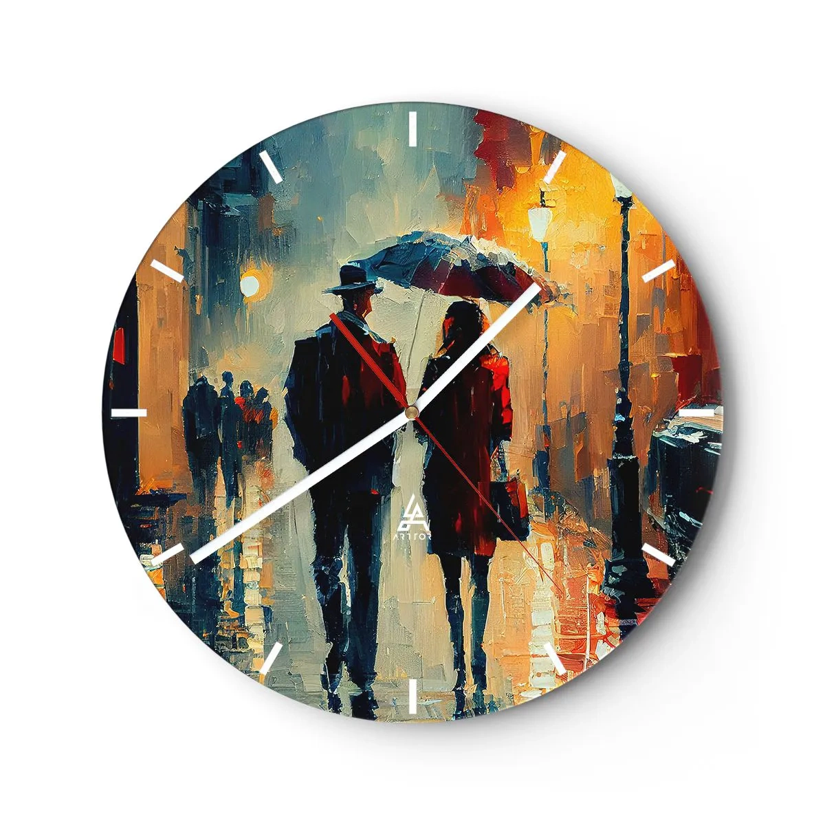 Orologio da parete - Orologio in Vetro - Una coppia sotto un ombrello in un ambiente urbano dipinto con una spatola - 30x30cm - Love story cittadina - Decorazione murale moderna per soggiorno, cucina e camera da letto ARTTOR