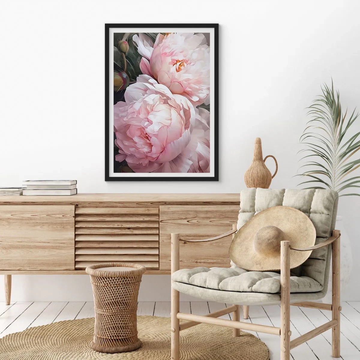 Poster in cornice nera - Delicate peonie nei toni pastello del rosa e del bianco - 50x70cm - L'attimo della fioritura - Decorazione murale moderna per soggiorno e camera da letto ARTTOR