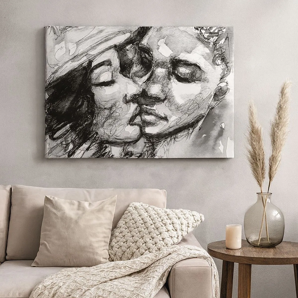 Quadro su tela - Stampe su Tela - Un acquerello in bianco e nero che raffigura un momento intimo tra due persone. - 70x50cm - Un attimo di tenerezza - Decorazione murale moderna per soggiorno e camera da letto ARTTOR