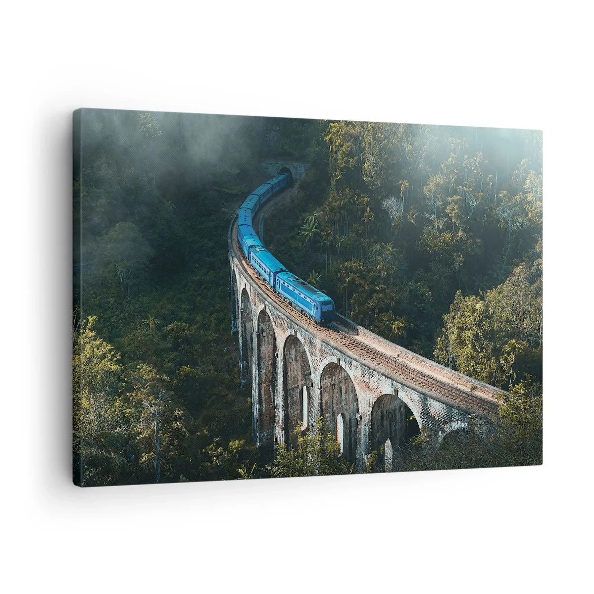Quadro su tela - Stampe su Tela - Un treno blu su un viadotto storico tra le foreste - 70x50cm - Attrazione della natura - Decorazione murale moderna per soggiorno e camera da letto ARTTOR
