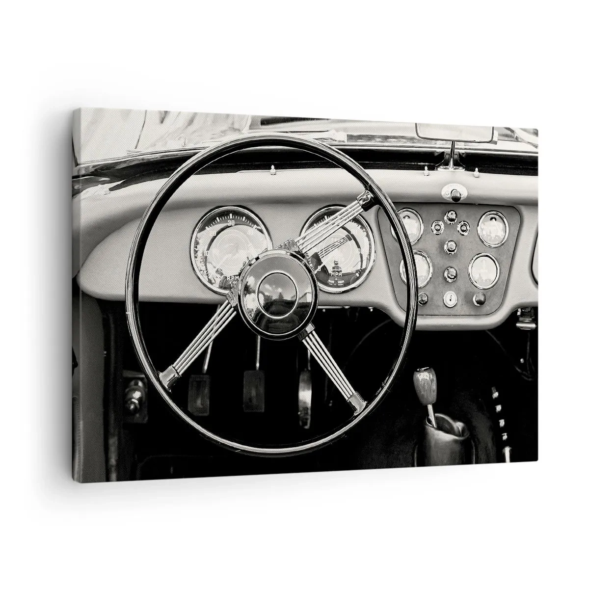 Quadro su tela - Stampe su Tela - Interni di auto d'epoca in bianco e nero - 70x50cm - Il sogno del collezionista - Decorazione murale moderna per soggiorno e camera da letto ARTTOR