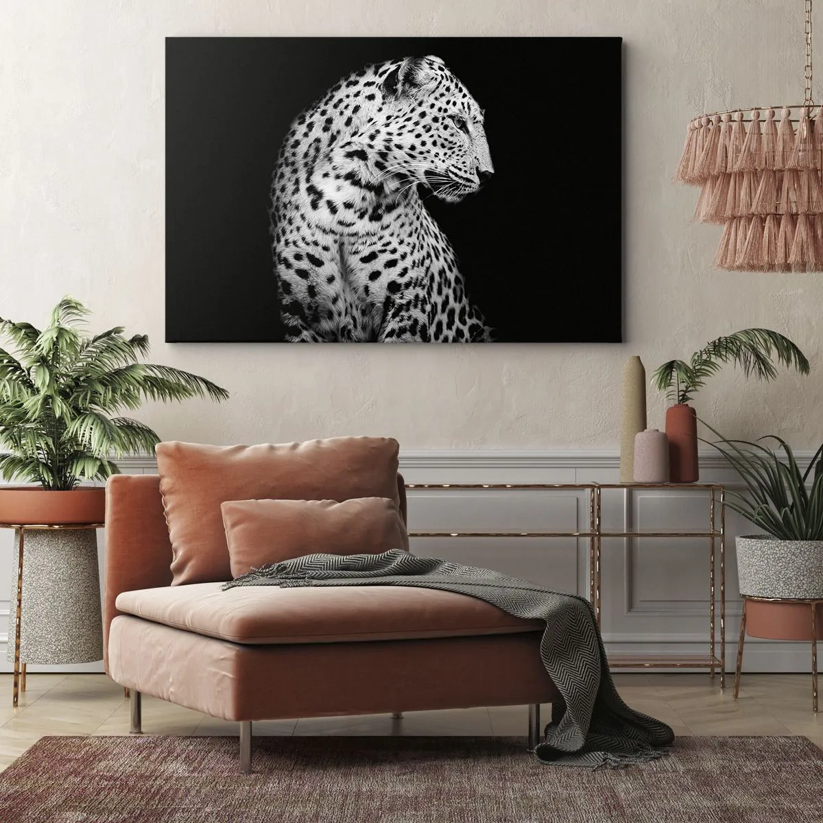 Quadro su tela - Stampe su Tela - Immagine in bianco e nero di un leopardo su sfondo nero - 70x50cm - Profilo destro perfetto! - Decorazione murale moderna per soggiorno e camera da letto ARTTOR