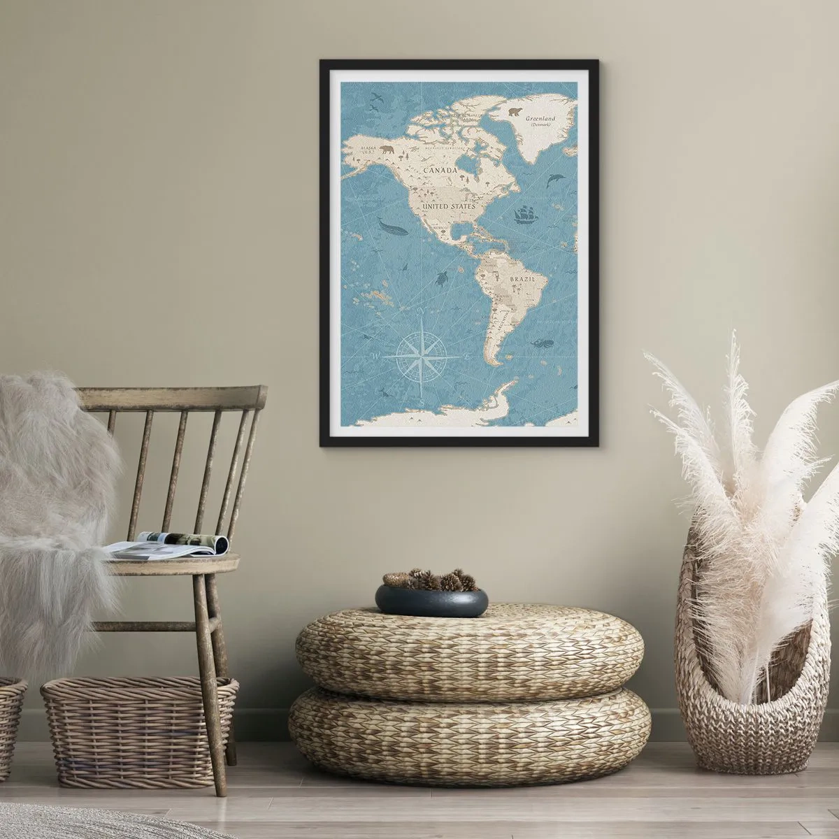 Poster in cornice nera - Mappa stilizzata del Nord e del Sud America - 50x70cm - Il mondo a portata di mano - Decorazione murale moderna per soggiorno e camera da letto ARTTOR