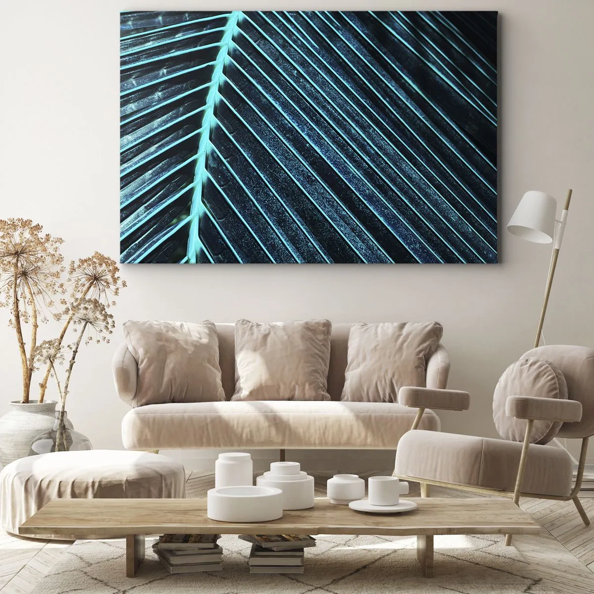 Quadro su tela - Stampe su Tela - Macrofotografia di una foglia nelle tonalità del turchese e del blu navy - 70x50cm - La struttura del verde - Decorazione murale moderna per soggiorno e camera da letto ARTTOR