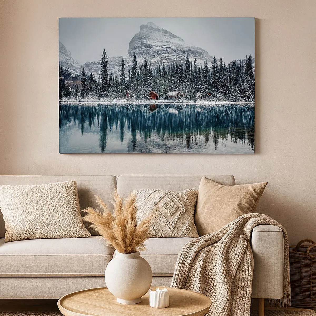 Quadro su tela - Stampe su Tela - Paesaggio invernale con cottage nella foresta vicino a un lago ghiacciato - 70x50cm - Rifugio canadese - Decorazione murale moderna per soggiorno e camera da letto ARTTOR