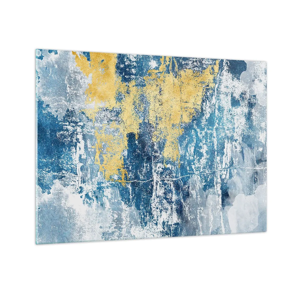 Quadro su vetro - Astrazione blu e gialla con effetto invecchiato e strutturato - 70x50cm - Astrazione piena di ottimismo - Decorazione murale moderna per soggiorno e camera da letto ARTTOR
