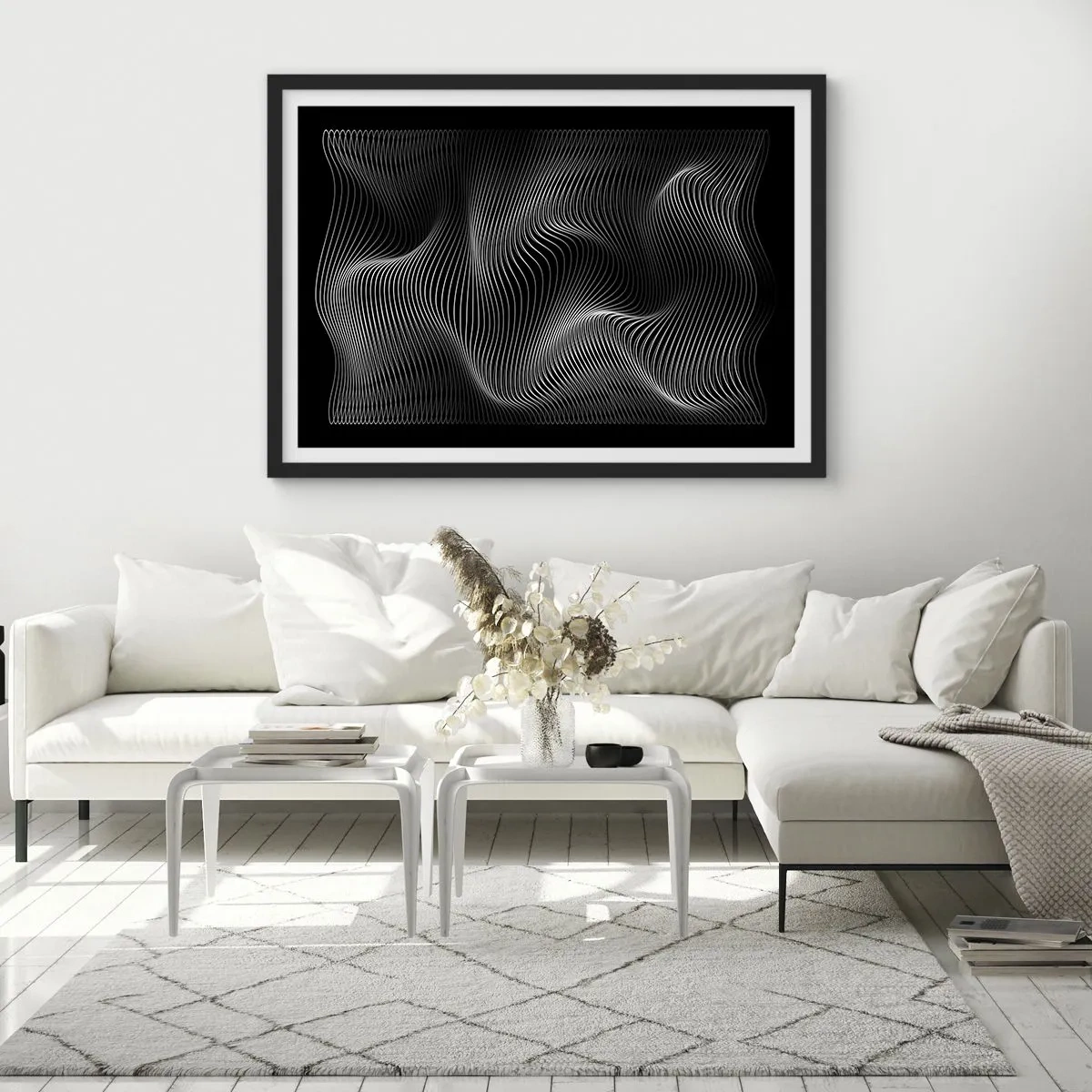 Poster in cornice nera - Linee bianche astratte su sfondo nero - 70x50cm - La danza della luce nello spazio - Decorazione murale moderna per soggiorno e camera da letto ARTTOR