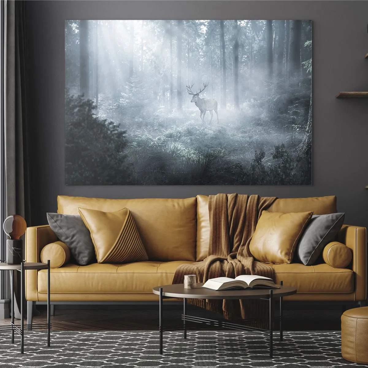 Quadro su vetro - Un cervo in una foresta nebbiosa illuminata dai raggi del sole mattutino - 70x50cm - Passeggiata mattutina sulle sue terre - Decorazione murale moderna per soggiorno e camera da letto ARTTOR