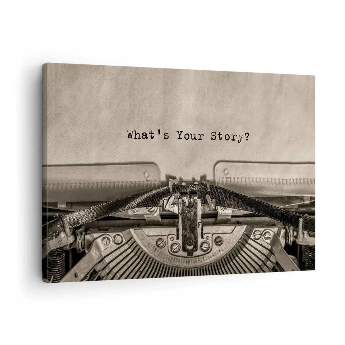 Quadro su tela - Stampe su Tela - Una macchina da scrivere con la scritta "Qual è la tua storia?" - 70x50cm - Rispondimi - Decorazione murale moderna per soggiorno e camera da letto ARTTOR