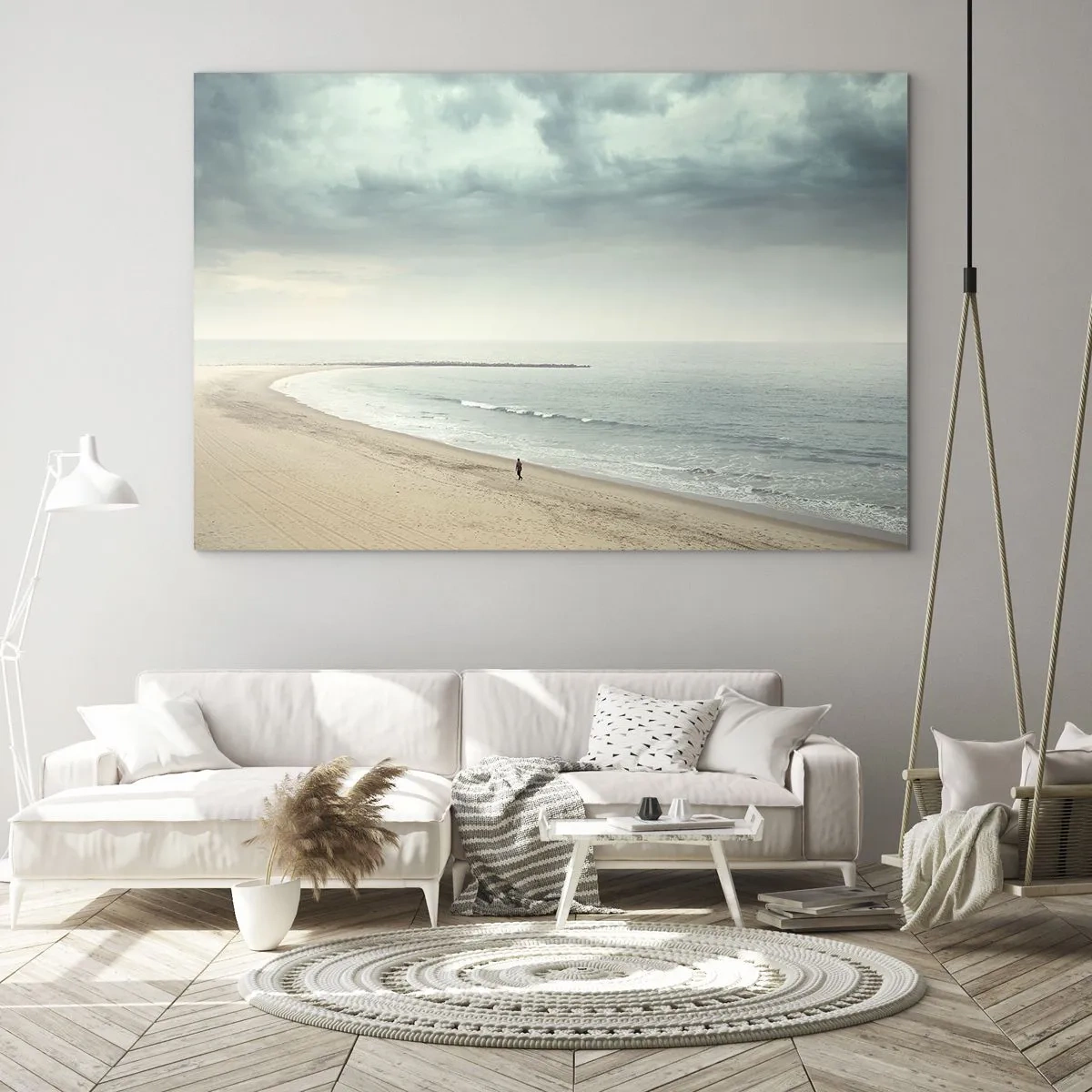 Quadro su vetro - Una figura che passeggia su una spiaggia deserta in riva al mare calmo - 70x50cm - Cercando la pace - Decorazione murale moderna per soggiorno e camera da letto ARTTOR