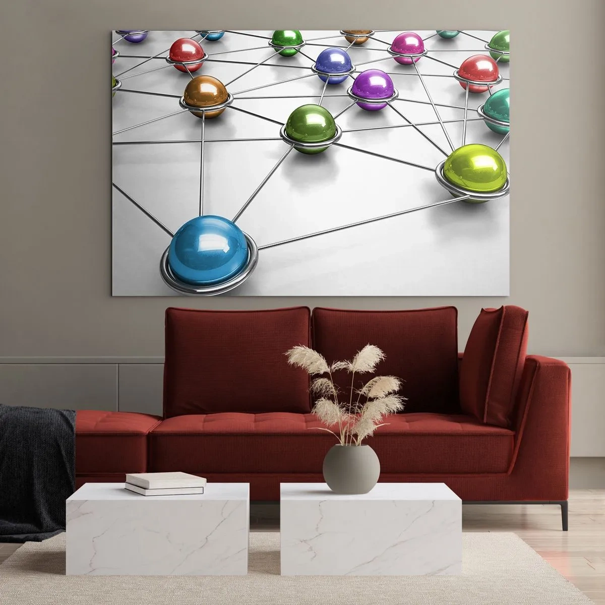 Quadro su vetro - Palline colorate collegate da linee su uno sfondo chiaro - 70x50cm - Ragnatela cosmica - Decorazione murale moderna per soggiorno e camera da letto ARTTOR