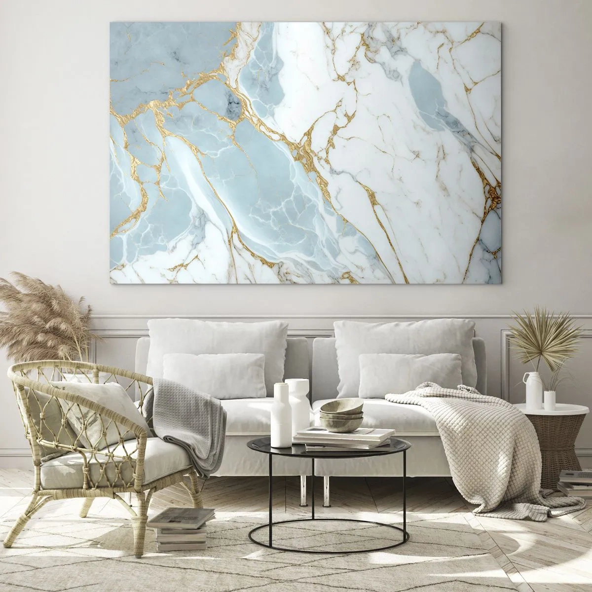 Quadro su vetro - Marmo astratto nei toni del blu e dell'oro - 70x50cm - La ricchezza della pietra - Decorazione murale moderna per soggiorno e camera da letto ARTTOR