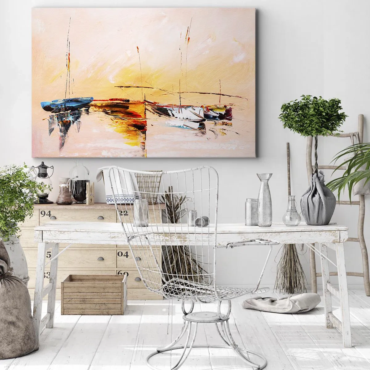 Quadro su tela - Stampe su Tela - Barche colorate sulle acque calme al tramonto - 70x50cm - La sera sul molo - Decorazione murale moderna per soggiorno e camera da letto ARTTOR