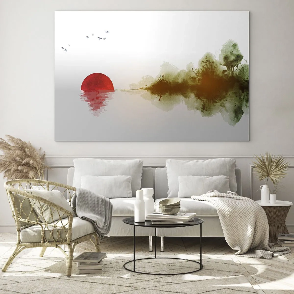 Quadro su vetro - Sole rosso sull'acqua e sul contorno della foresta - 70x50cm - Promessa di pace - Decorazione murale moderna per soggiorno e camera da letto ARTTOR