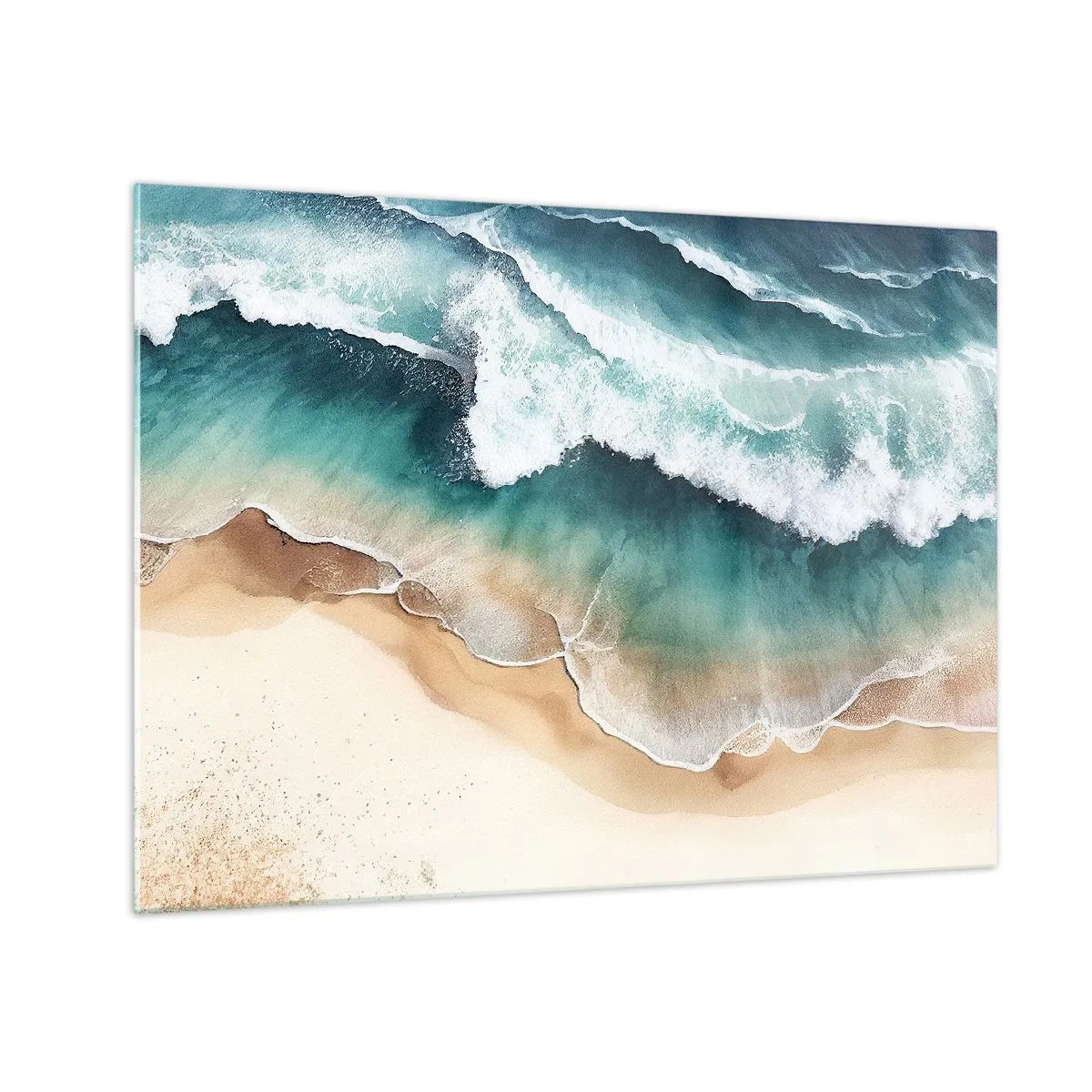Quadro su vetro - Onde dell'oceano che si infrangono su una spiaggia di sabbia dorata - 70x50cm - L'eterno incontro - Decorazione murale moderna per soggiorno e camera da letto ARTTOR