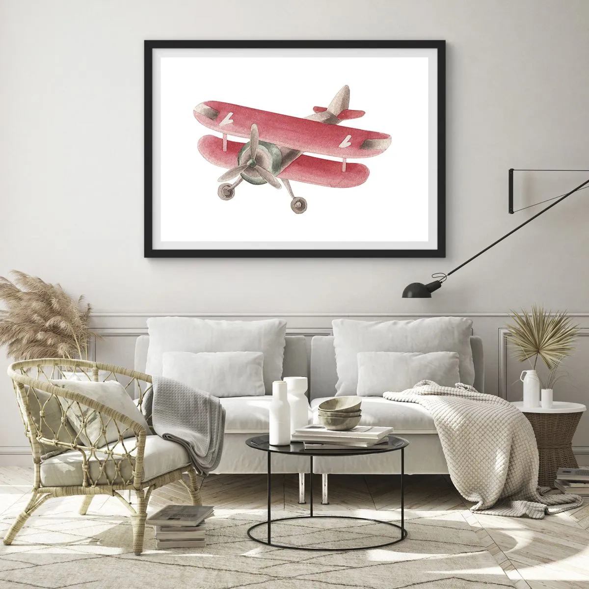 Poster in cornice nera - Aereo retrò rosso su sfondo bianco - 70x50cm - Pronto a volare alto - Decorazione murale moderna per soggiorno e camera da letto ARTTOR