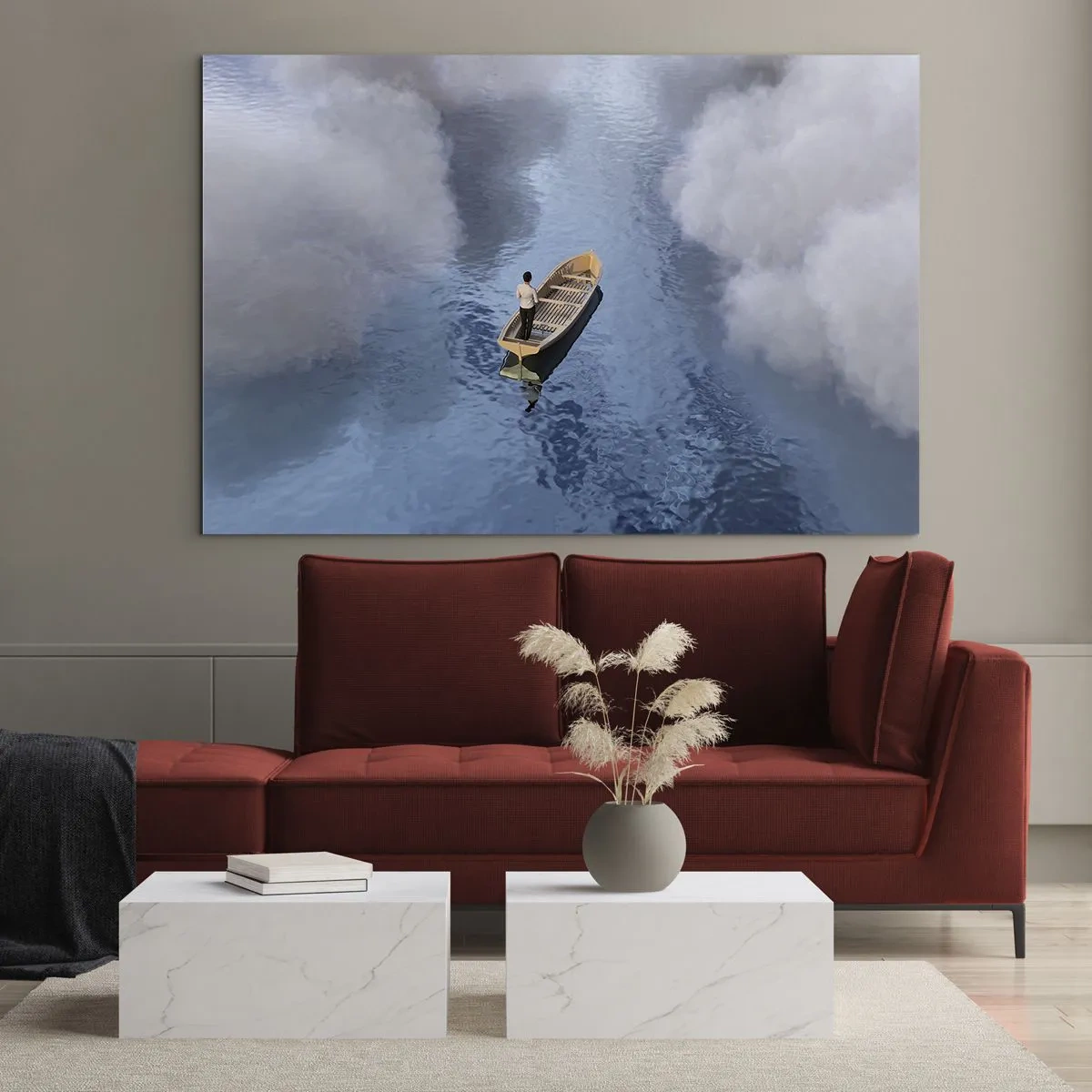 Quadro su vetro - Un uomo su una barca che naviga nell'acqua tra le nuvole - 70x50cm - Vita - viaggio - incertezza - Decorazione murale moderna per soggiorno e camera da letto ARTTOR