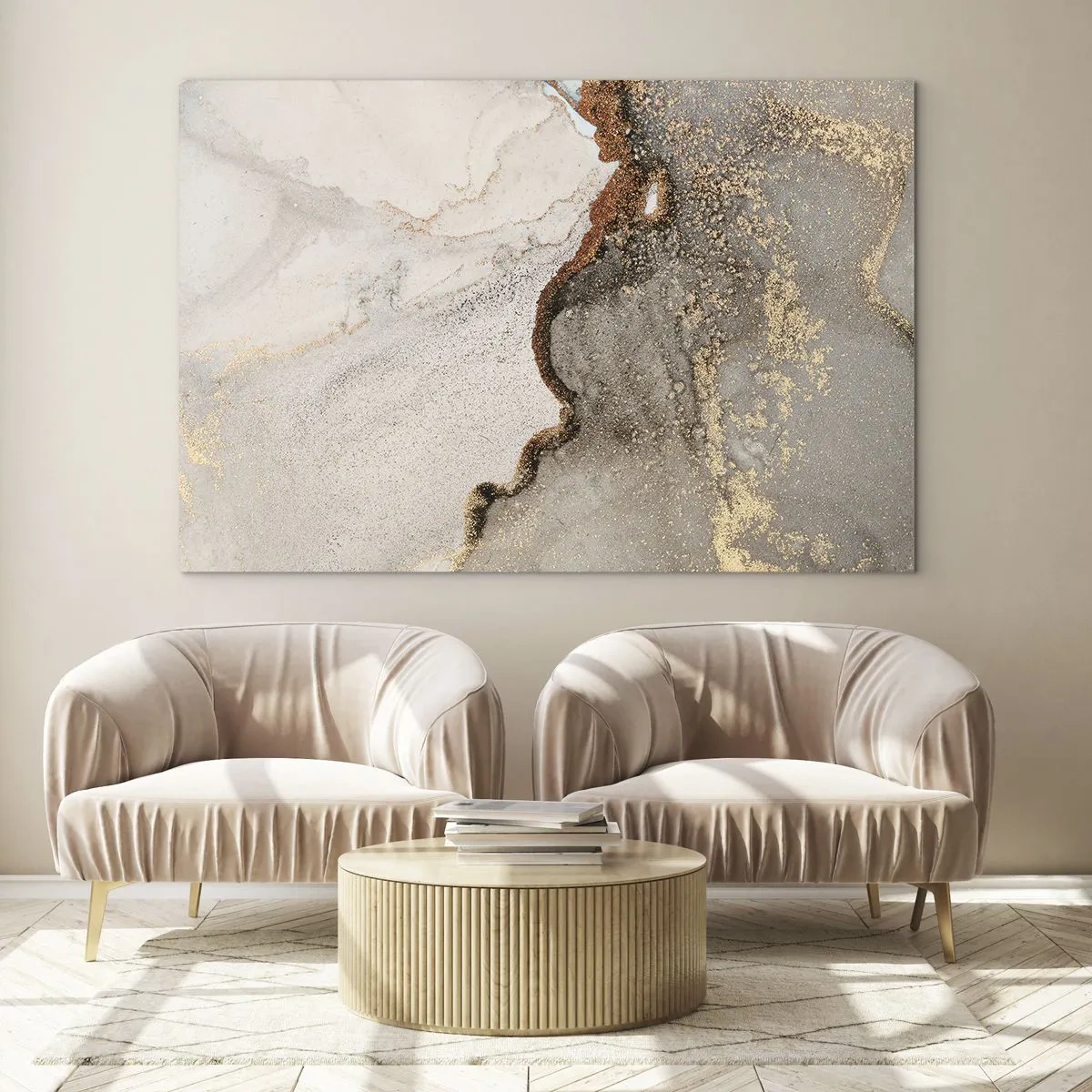 Quadro su vetro - Composizione astratta con beige, oro e grafite - 70x50cm - Ai confini del colore - Decorazione murale moderna per soggiorno e camera da letto ARTTOR
