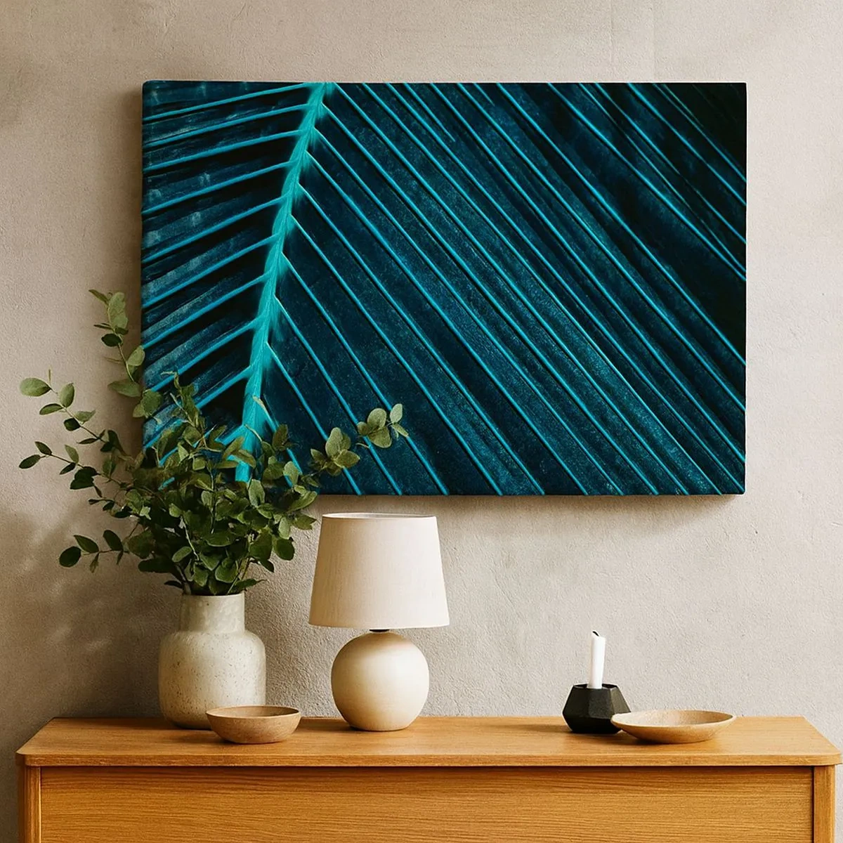 Quadro su tela - Stampe su Tela - Macrofotografia di una foglia nelle tonalità del turchese e del blu navy - 70x50cm - La struttura del verde - Decorazione murale moderna per soggiorno e camera da letto ARTTOR
