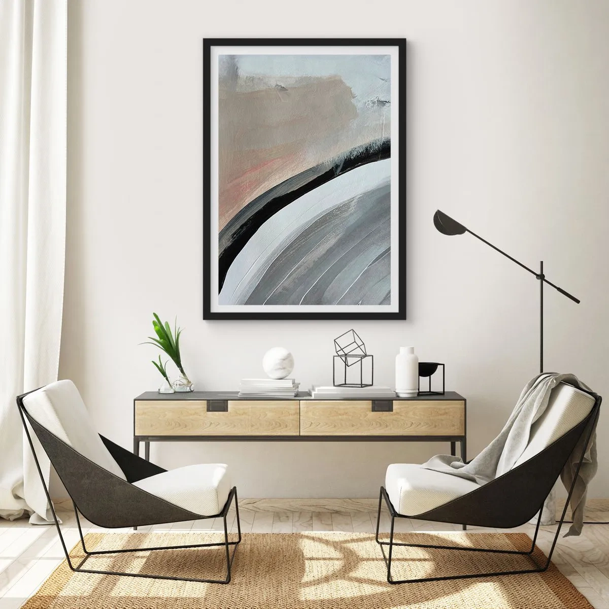 Poster in cornice nera - Composizione astratta con linee nelle tonalità del grigio e del beige. - 50x70cm - Composizione: arco di nero e grigio - Decorazione murale moderna per soggiorno e camera da letto ARTTOR