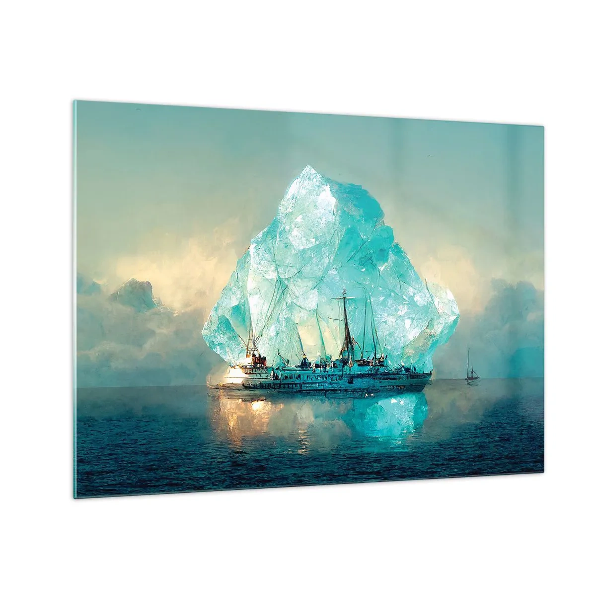 Quadro su vetro - Una nave a vela di fronte a un enorme ghiacciaio nella luce artica. - 70x50cm - Brillante artico - Decorazione murale moderna per soggiorno e camera da letto ARTTOR