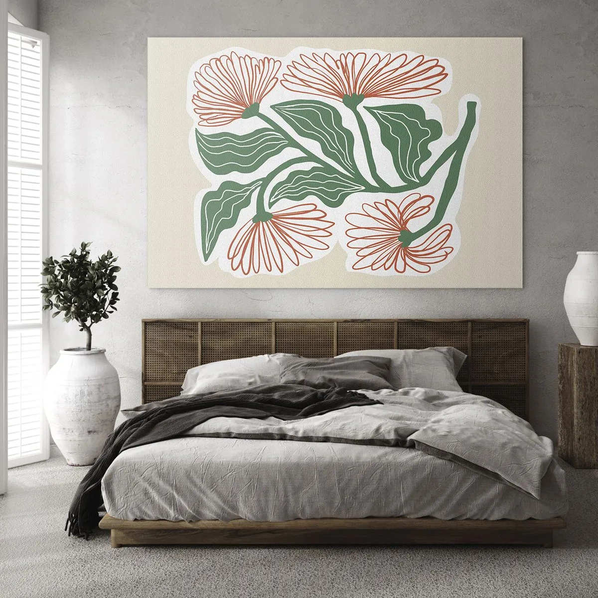 Quadro su vetro - Fiori decorativi in stile folk su sfondo chiaro - 70x50cm - Folklore e modernità - Decorazione murale moderna per soggiorno e camera da letto ARTTOR