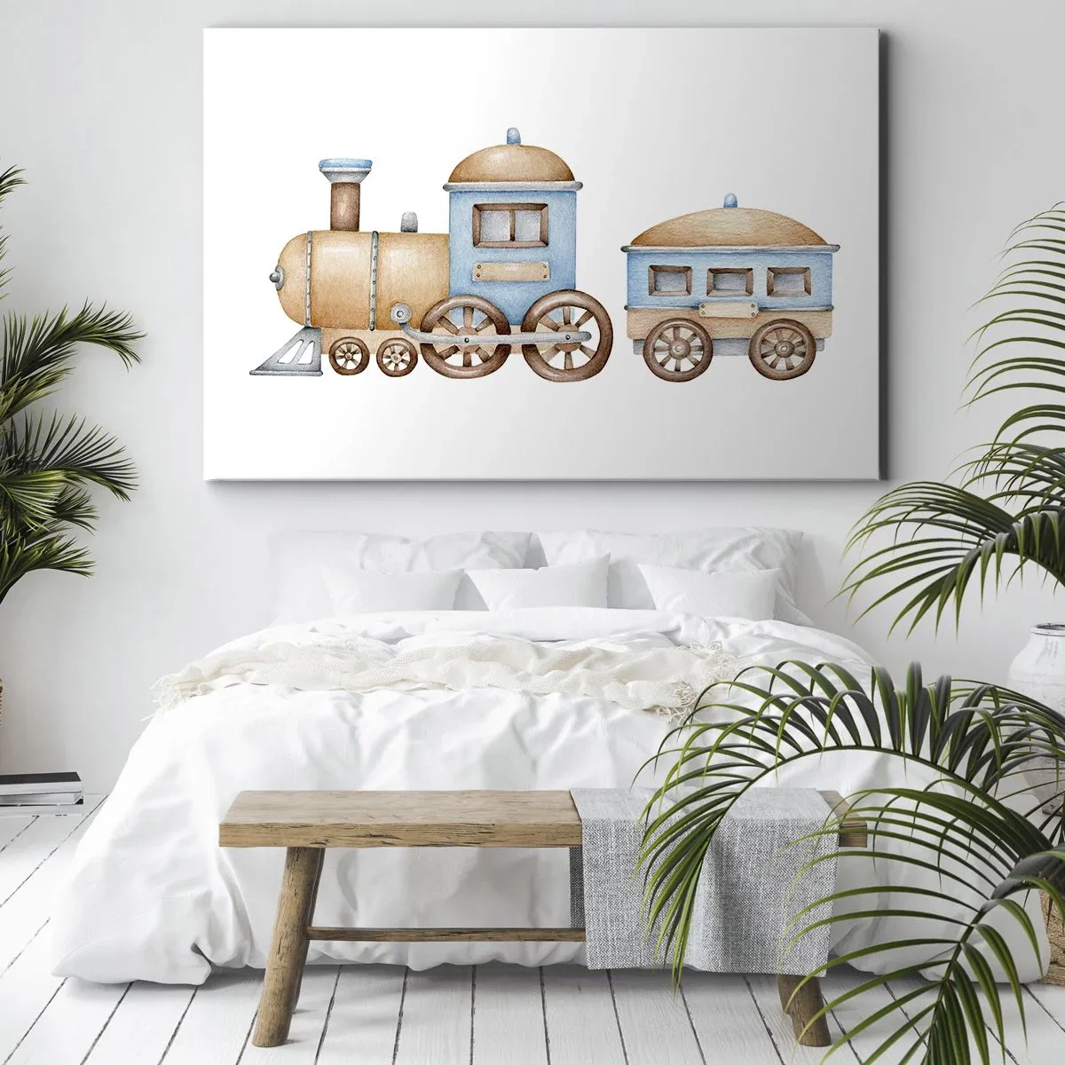 Quadro su tela - Stampe su Tela - Disegno di un treno in tonalità pastello su sfondo bianco - 70x50cm - Fermo alla stazione... - Decorazione murale moderna per soggiorno e camera da letto ARTTOR