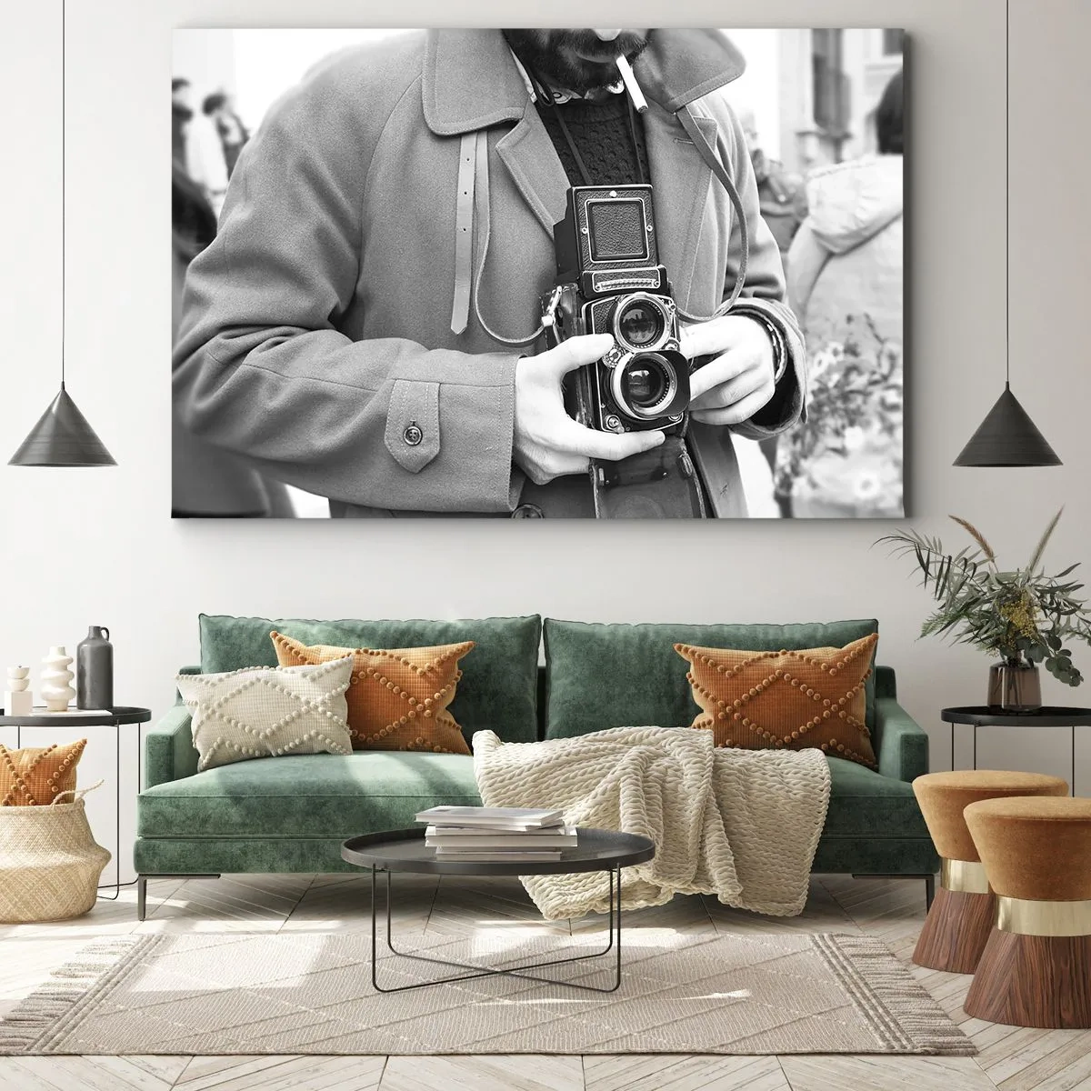 Quadro su tela - Stampe su Tela - Foto in bianco e nero di un uomo con una macchina fotografica retrò - 70x50cm - In stile retro - Decorazione murale moderna per soggiorno e camera da letto ARTTOR
