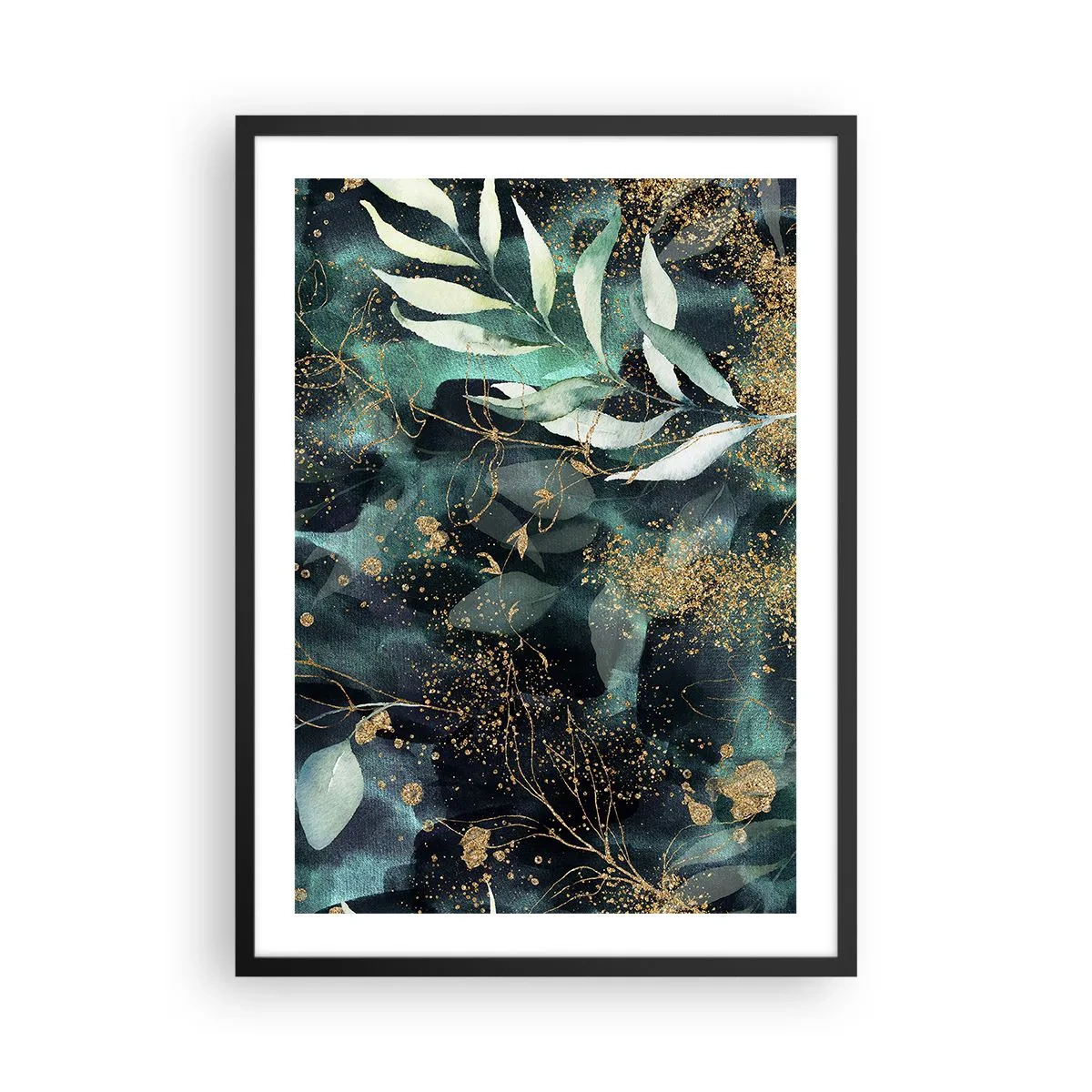 Poster in cornice nera - Foglie verdi e accenti dorati su uno sfondo scuro - 50x70cm - Il giardino incantato - Decorazione murale moderna per soggiorno e camera da letto ARTTOR
