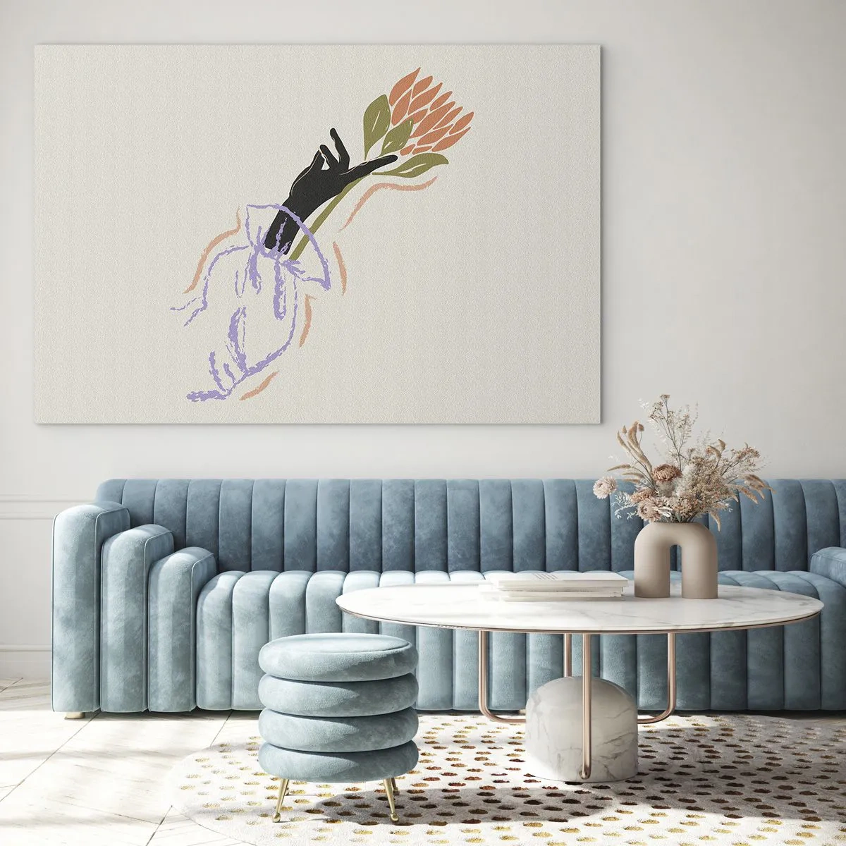 Quadro su vetro - Una mano stilizzata con un mazzo di fiori disegnato con linee pastello. - 70x50cm - Tocco delicato - Decorazione murale moderna per soggiorno e camera da letto ARTTOR