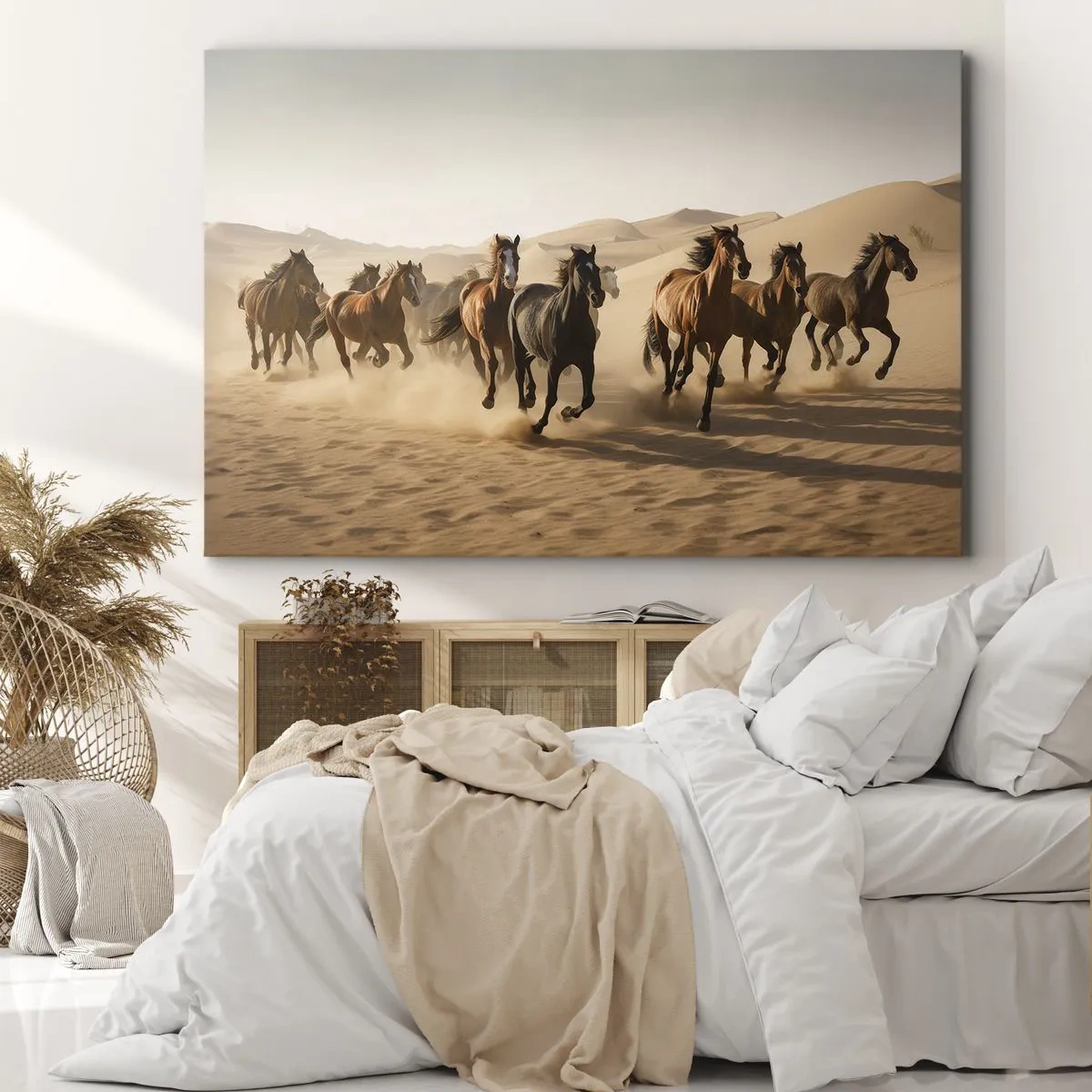Quadro su tela - Stampe su Tela - Cavalli al galoppo sullo sfondo del deserto - 70x50cm - Liberi come il vento - Decorazione murale moderna per soggiorno e camera da letto ARTTOR