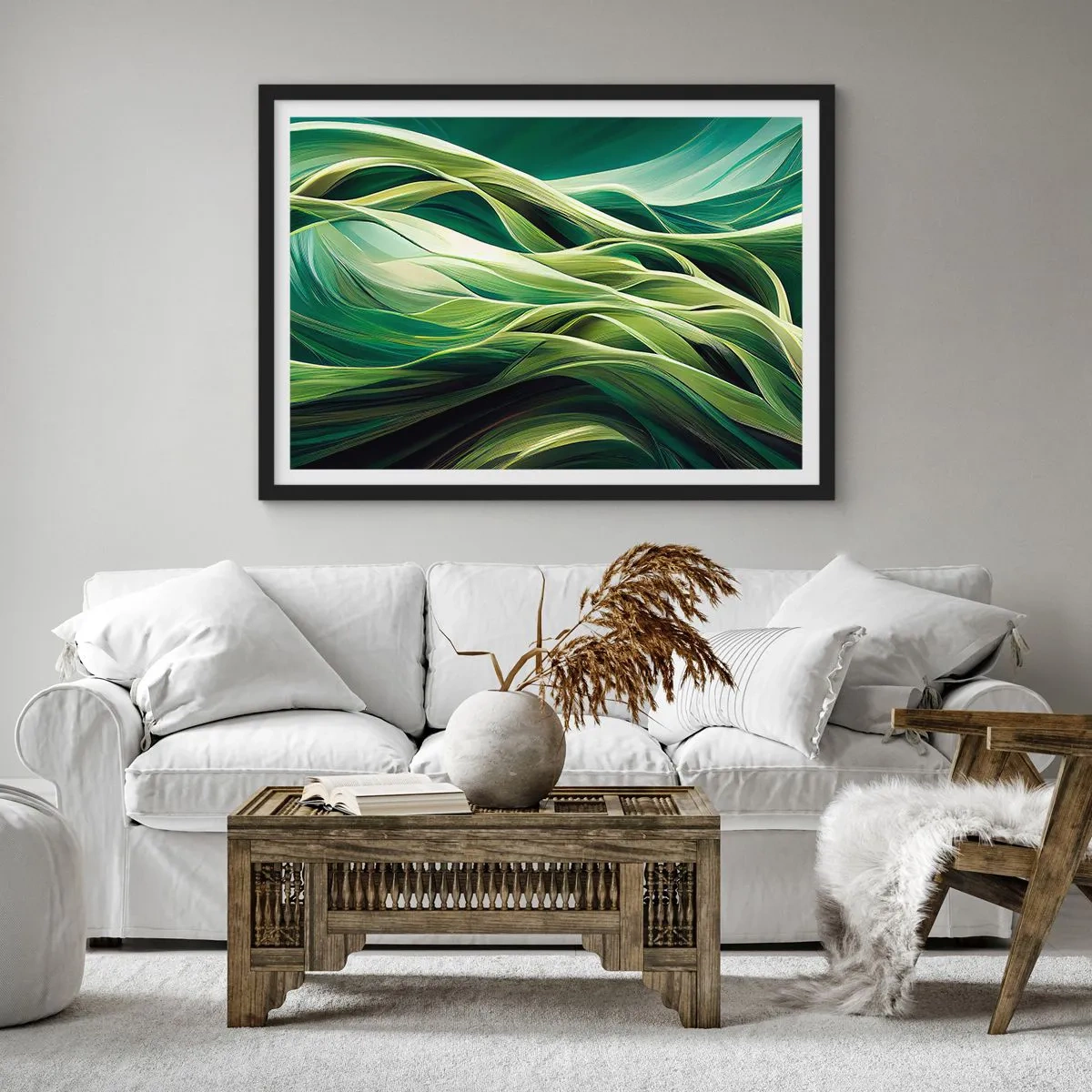 Poster in cornice nera - Linee dinamiche nelle tonalità del verde - 70x50cm - Gioco astratto in verde - Decorazione murale moderna per soggiorno e camera da letto ARTTOR