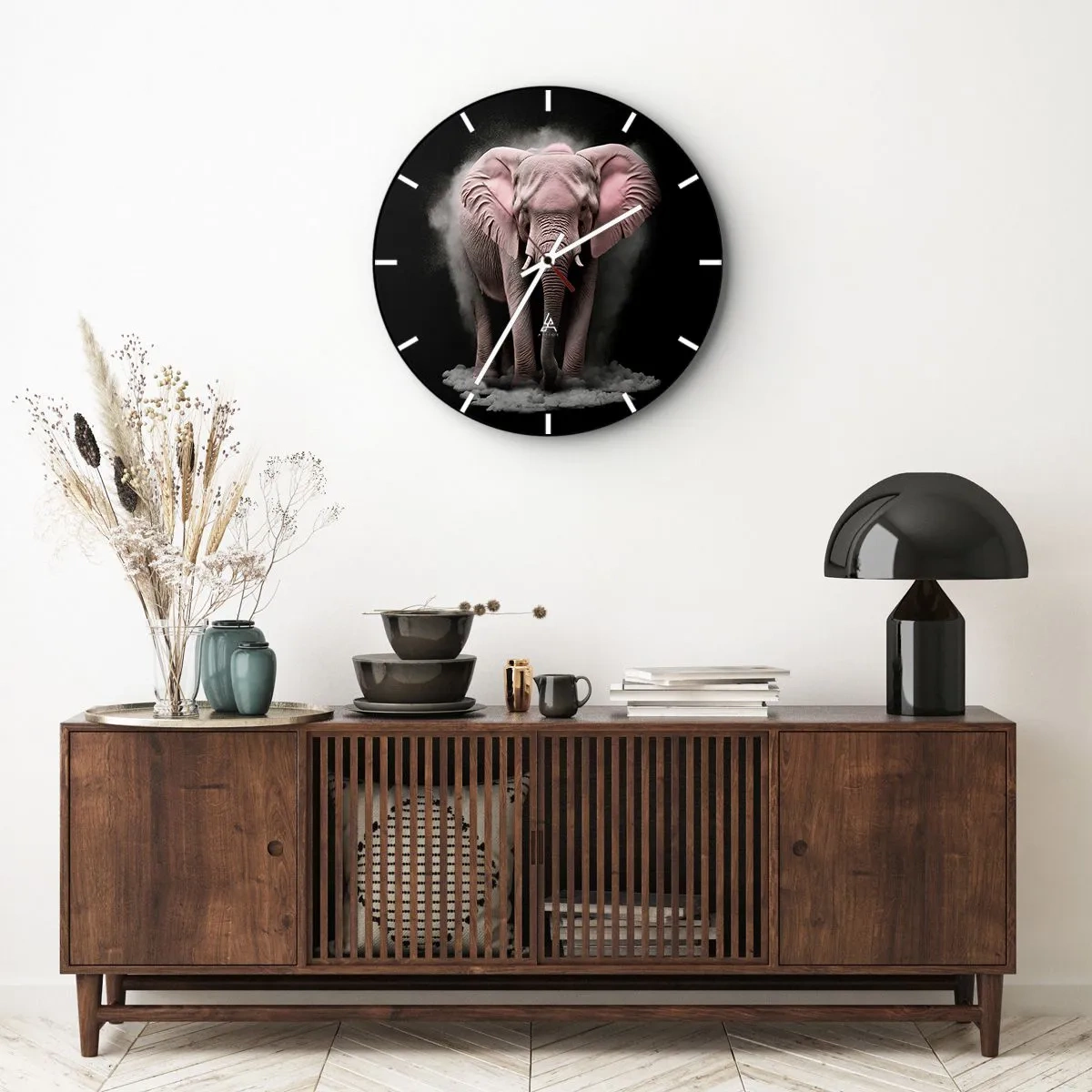 Orologio da parete - Orologio in Vetro - Un elefante rosa su sfondo nero circondato dalla nebbia - 30x30cm - Non pensare all'elefante rosa! - Decorazione murale moderna per soggiorno, cucina e camera da letto ARTTOR