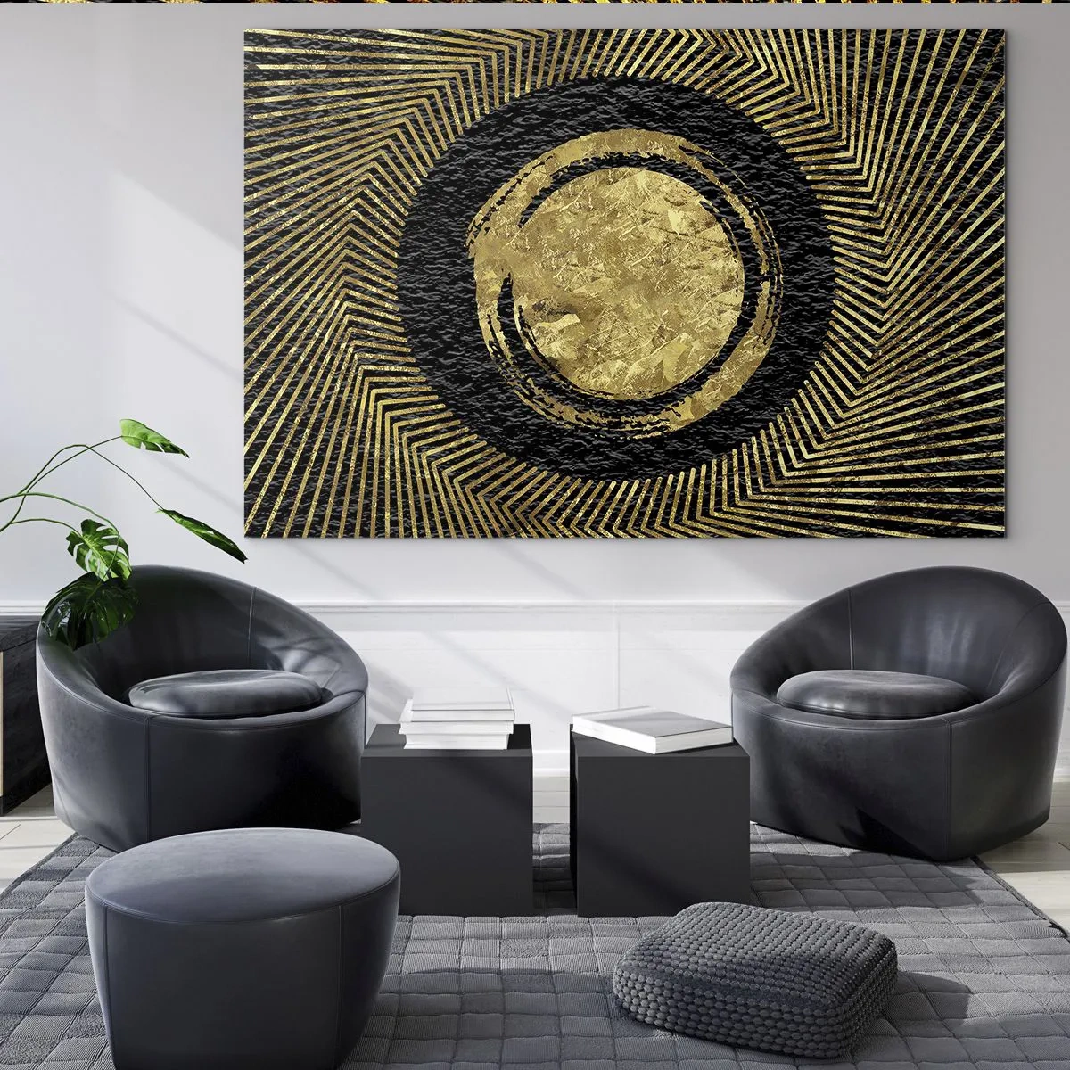 Quadro su vetro - Cerchio dorato con raggi su sfondo nero in stile glamour - 70x50cm - Composizione glamour - Decorazione murale moderna per soggiorno e camera da letto ARTTOR