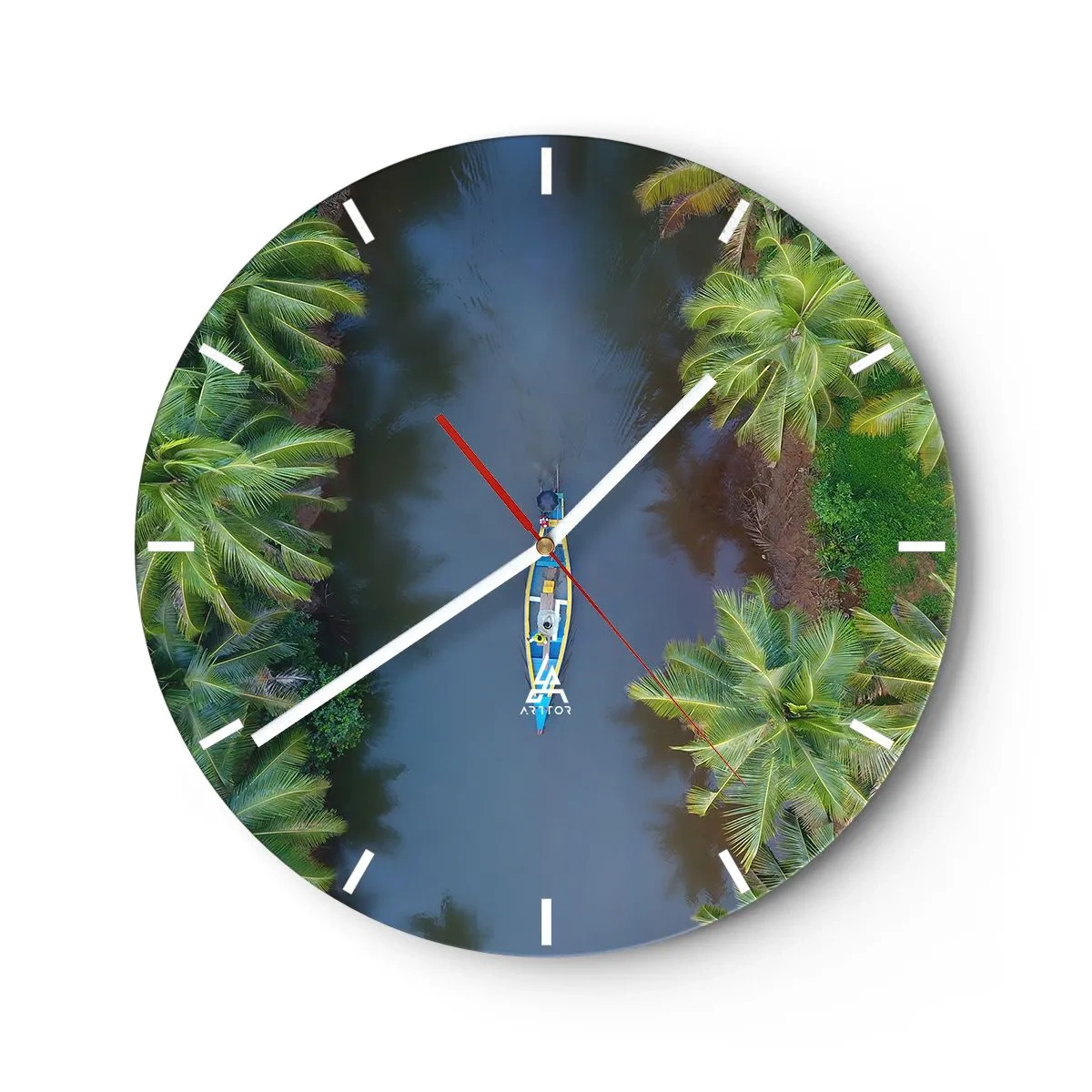Orologio da parete - Orologio in Vetro - Una barca su un fiume tropicale tra le palme, vista dall'alto. - 30x30cm - Sul percorso tropicale - Decorazione murale moderna per soggiorno, cucina e camera da letto ARTTOR